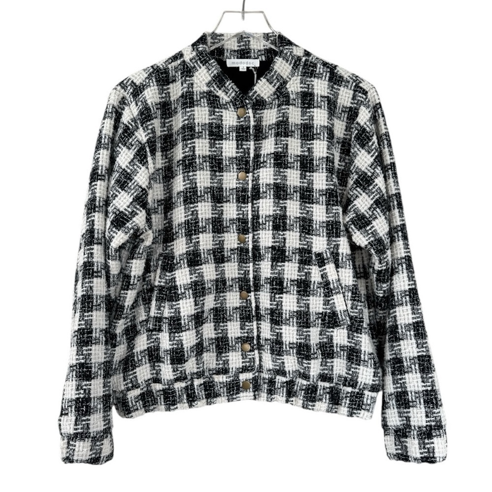 Mododoc Cinched Oversized Bomber Jacket Cream and Black Plaid Size Small
